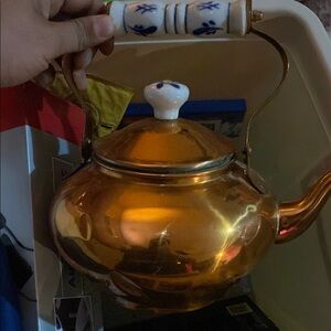 Vintage Gold Teapot with Blue Accents